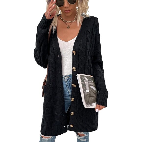 Disi Womens black Cardigan Long Sleeves Cable Knit Open Front Loose Sweaters - Picture 1 of 5